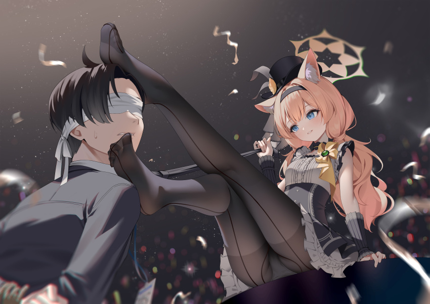 1boy absurdres animal_ears bingchuan_xian_yu_huang black_dress black_hairband black_hat black_necktie black_pantyhose blue_archive blue_eyes bow bow_choker cat_ears cat_girl choker clothes_grab commentary confetti dress female frilled_dress frills grey_dress hairband halo hat head_on_another's_leg highres long_hair looking_at_another low_twintails mari_(blue_archive) mari_(idol)_(blue_archive) mini_hat mini_top_hat necktie necktie_grab neckwear_grab official_alternate_costume official_alternate_hairstyle orange_hair panties panties_under_pantyhose pantyhose sensei_(blue_archive) sensei_(blue_archive_the_animation) sitting smile soles straight top_hat twintails two-tone_dress underwear white_blindfold white_panties wrist_wrap yellow_bow yellow_halo