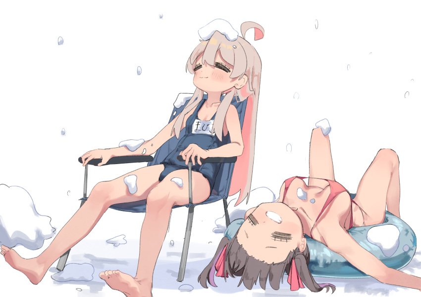 2girls =_= absurdres ahoge araimelon barefoot bikini black_hair breasts chair genderswap_(mtf) hair_ribbon highres large_breasts long_hair multiple_girls old_school_swimsuit onii-chan_wa_oshimai! oyama_mahiro oyama_mihari pink_hair ribbon rule_63 school_swimsuit siblings sisters sitting smile snow snow_on_head swim_ring swimsuit teeth