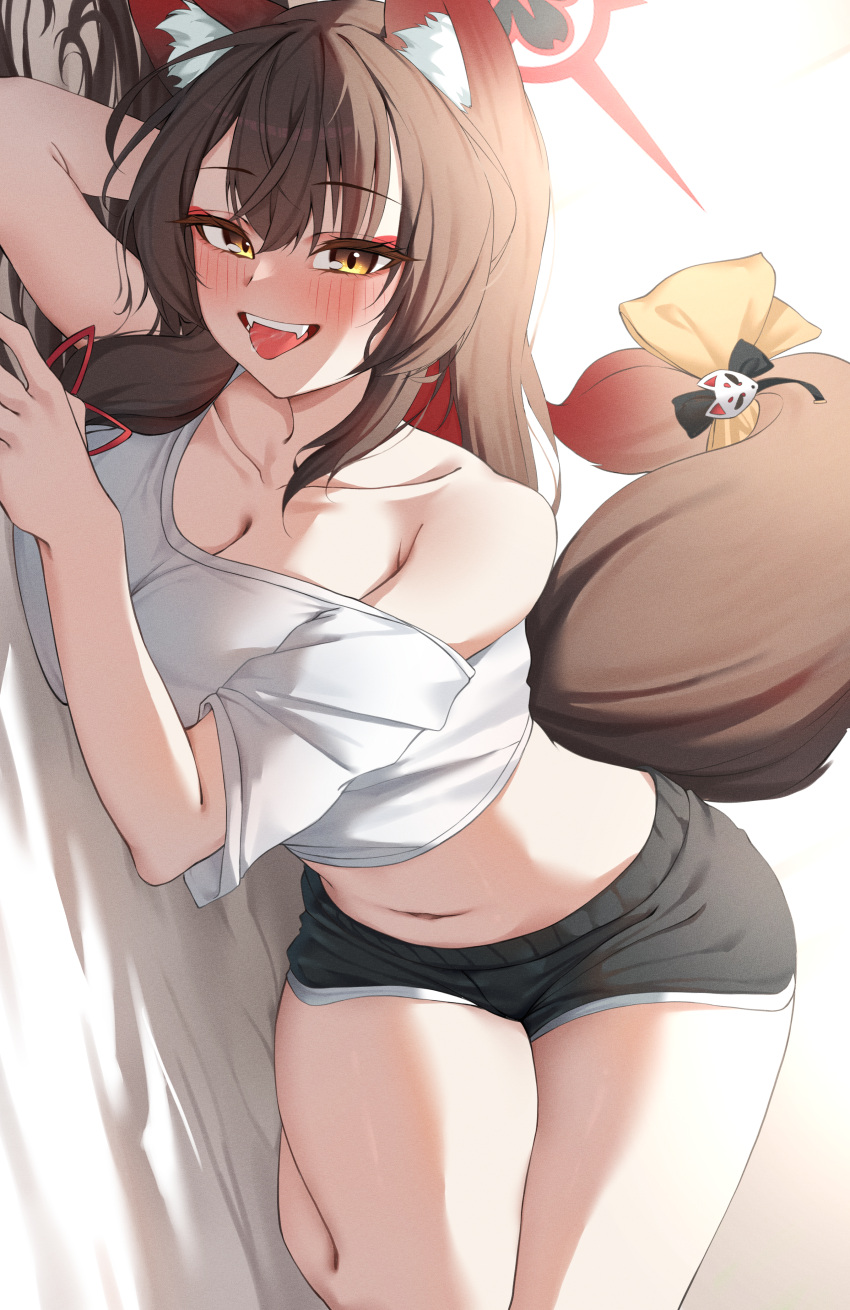 absurdres animal_ear_fluff animal_ears arm_pillow bed_sheet black_shorts blue_archive blush bow breasts brown_hair brown_tail cleavage collarbone colored_inner_hair dolphin_shorts eyeshadow fangs female fox_ears fox_girl fox_mask fox_tail gradient_tail gyu_chul hair_ribbon hair_spread_out halo highres large_breasts long_hair looking_at_viewer lying makeup mask midriff multicolored_hair navel on_bed on_side red_eyeshadow red_hair red_halo red_ribbon ribbon round_teeth saliva shirt short_shorts shorts sidelocks single_bare_shoulder single_off_shoulder solo stomach tail tail_bow tail_ornament teeth thighs tongue tongue_out two-tone_hair wakamo_(blue_archive) white_background yellow_bow yellow_eyes