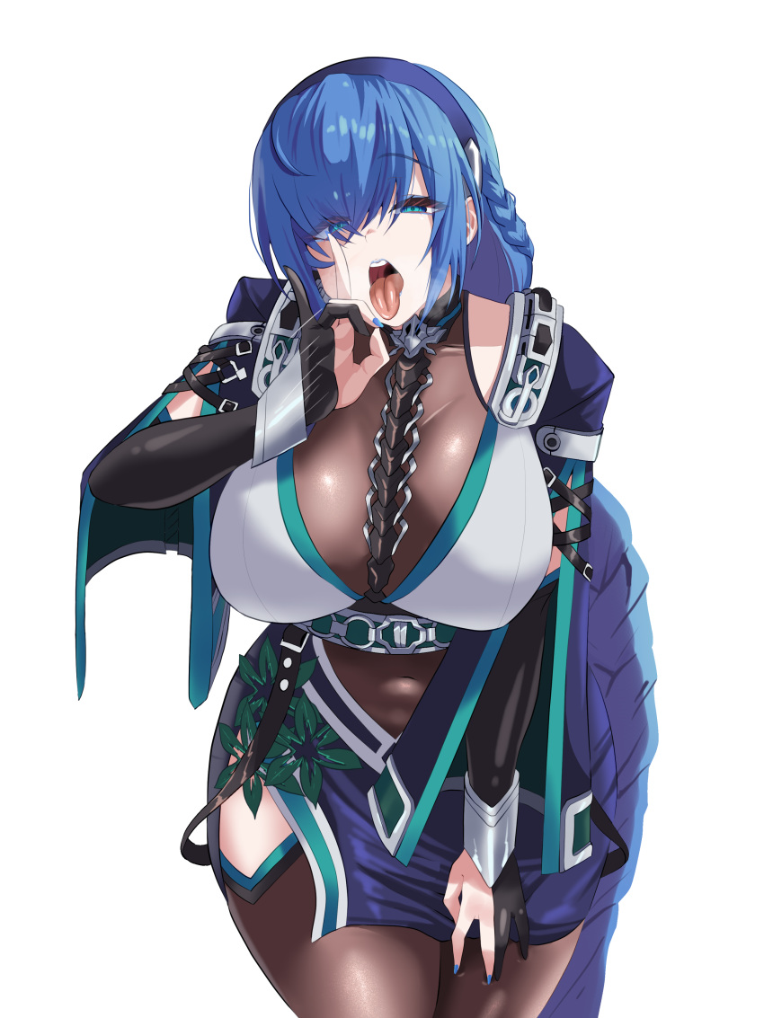 absurdres between_breasts black_survival blue_hair blue_lips blue_nails breasts commission covered_navel dress eomo_(pyum3252) eternal_return:_black_survival female gloves green_eyes highres large_breasts lenore_(black_survival) long_hair makeup oral_invitation partially_fingerless_gloves solo tongue tongue_out very_long_hair white_background