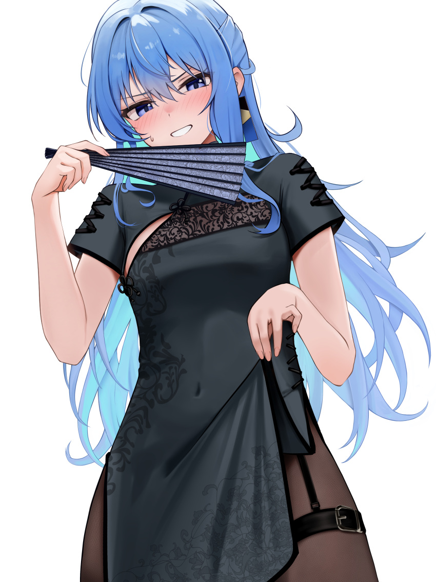 absurdres blue_eyes blue_hair blush breasts china_dress chinese_clothes clothes_lift covered_navel dress dress_lift female folded_fan folding_fan garter_straps hair_between_eyes hand_fan highres holding holding_fan hololive hoshimachi_suisei lifting_own_clothes long_hair looking_at_viewer micon pantyhose paper_fan patterned_clothing short_sleeves simple_background smile solo star_(symbol) star_in_eye symbol_in_eye virtual_youtuber white_background