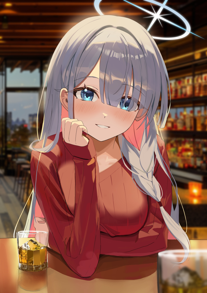 absurdres blue_archive blue_eyes blue_halo blush breasts commentary_request cup domodomo0708 drinking_glass female general_student_council_president_(blue_archive) grey_hair halo highres ice ice_cube indoors large_breasts long_hair long_sleeves looking_at_viewer parted_lips red_sweater shot_glass sitting smile solo sweater teeth very_long_hair