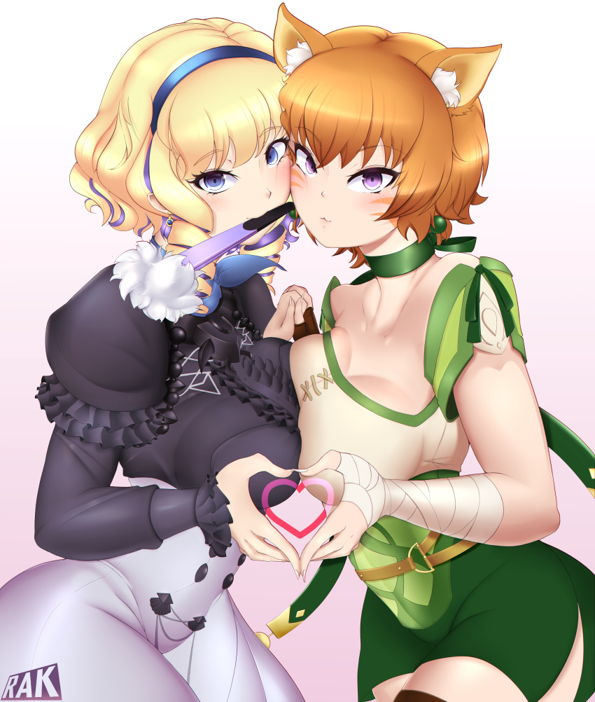 2girls absurdres animal_ears asymmetrical_docking belt blonde_hair blue_eyes breast_press breasts breasts_squeezed_together cat_ears cat_girl cat_tail choker cleavage constance_von_nuvelle dress drill english_commentary facial_mark fire_emblem fire_emblem:_path_of_radiance fire_emblem:_radiant_dawn fire_emblem:_three_houses frilled_dress frills green_choker green_ribbons green_shorts hand_fan headband heart heart_hands heart_hands_duo highres laguz_(fire_emblem) large_breasts lethe_(fire_emblem) light_blush looking_at_viewer mouth_hold multiple_girls o-ring o-ring_belt orange_hair purple_eyes rak-art ribbon shorts side_slit side_slit_shorts tail whisker_markings wrist_wrap