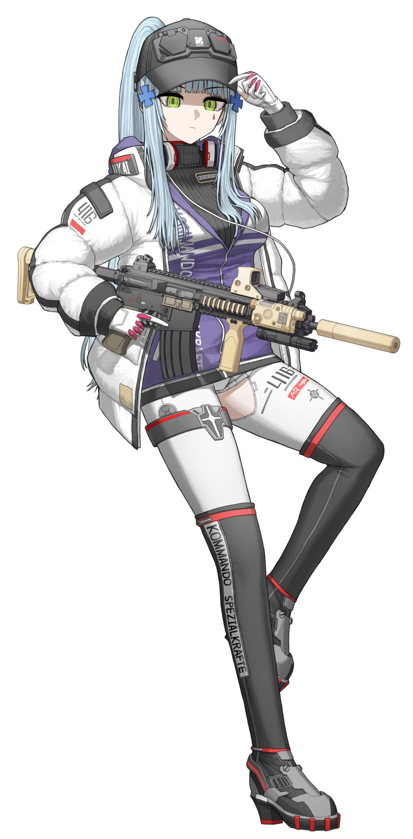 absurdres adjusting_clothes adjusting_headwear alternate_costume assault_rifle baseball_cap black_hat blue_hair cheogtanbyeong closed_mouth commentary_request female full_body girls'_frontline girls'_frontline_2:_exilium gloves green_eyes gun h&k_hk416 hat highres hk416_(girls'_frontline) jacket korean_commentary long_hair looking_at_viewer ponytail rifle solo suppressor tattoo teardrop_facial_mark teardrop_tattoo trigger_discipline weapon white_gloves white_jacket