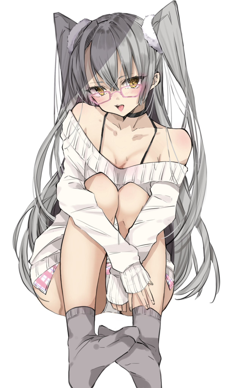 alternate_costume amatsukaze_(kancolle) bespectacled breasts brown_eyes chigasaki_yukari commentary_request dress female full_body glasses grey_hair grey_socks highres kantai_collection looking_at_viewer off-shoulder_dress off_shoulder panties pantyshot simple_background small_breasts smile socks solo sweater sweater_dress two_side_up underwear white_background white_panties white_sweater