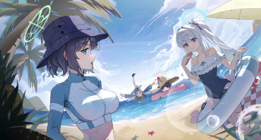 4girls beach blue_archive blue_halo blue_sky breasts bucket_hat cloud day frilled_one-piece_swimsuit frills gn_0_0n green_halo grey_hair halo hat highres innertube large_breasts long_hair long_sleeves miyako_(blue_archive) miyu_(blue_archive) moe_(blue_archive) moe_(swimsuit)_(blue_archive) multiple_girls ocean official_alternate_costume one-piece_swimsuit palm_tree pink_innertube purple_eyes rabbit_platoon_(blue_archive) raglan_sleeves rash_guard saki_(blue_archive) saki_(swimsuit)_(blue_archive) short_hair sky standing starfish straw_hat sun_hat swim_ring swimsuit tree water