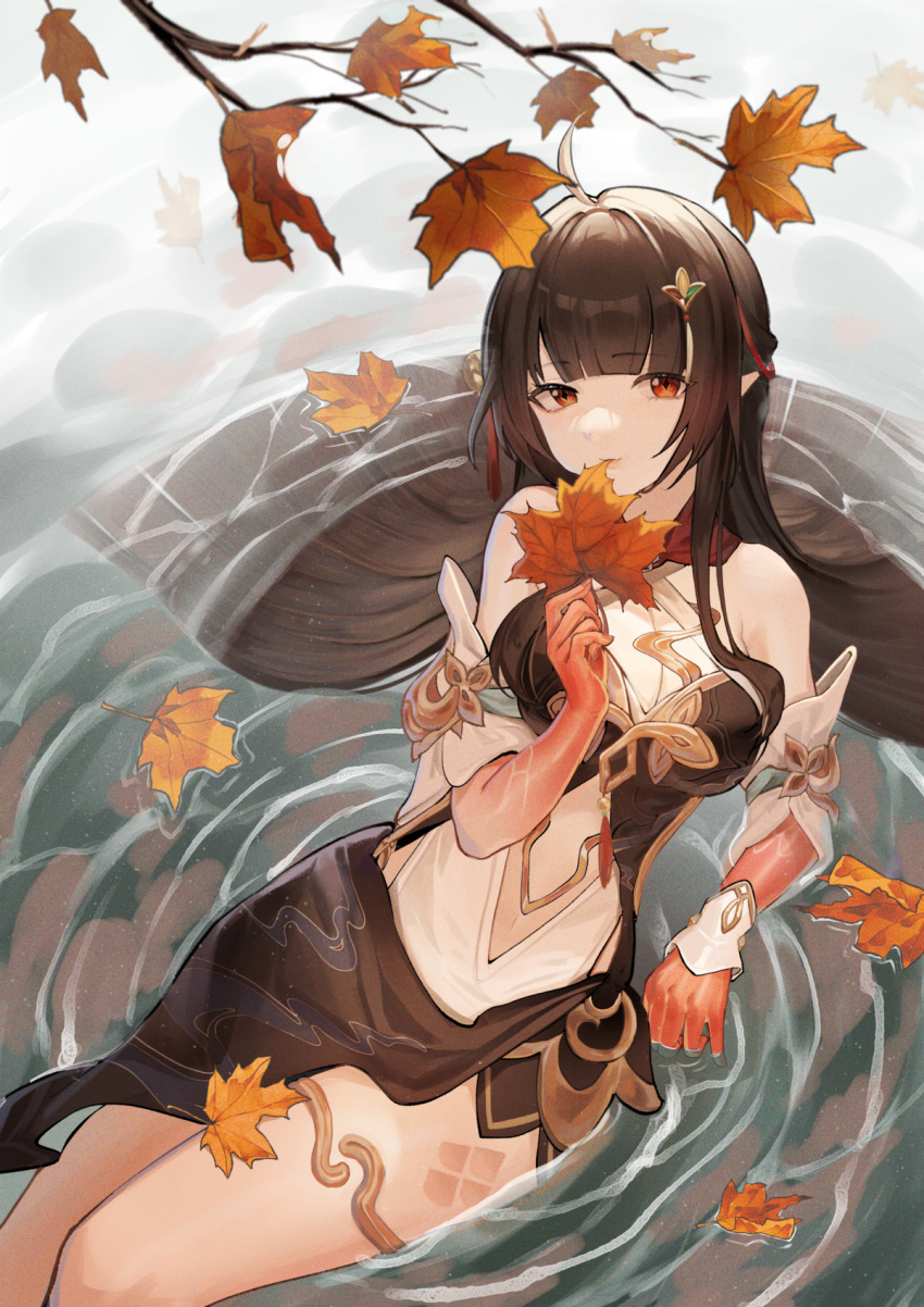 ahoge autumn_leaves bare_shoulders blunt_bangs breasts brown_hair cleavage closed_mouth clothing_cutout colored_extremities commentary criss-cross_halter detached_sleeves diamond-shaped_pupils diamond_(shape) female from_above gold_thighlet hair_ornament hair_spread_out halterneck hand_up highres holding holding_leaf honkai:_star_rail honkai_(series) large_breasts leaf lingsha_(honkai:_star_rail) long_hair looking_at_viewer orange_eyes pappap partially_submerged pointy_ears red_hands sitting solo stomach_cutout symbol-shaped_pupils tassel tassel_hair_ornament very_long_hair water