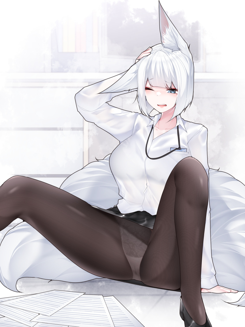 absurdres animal_ears azur_lane black_pantyhose female fox_ears fox_girl fox_tail highres kaga_(azur_lane) kitsune kyuubi multiple_tails office office_lady panties pantyhose pantyshot samip tail tripping underwear white_tail