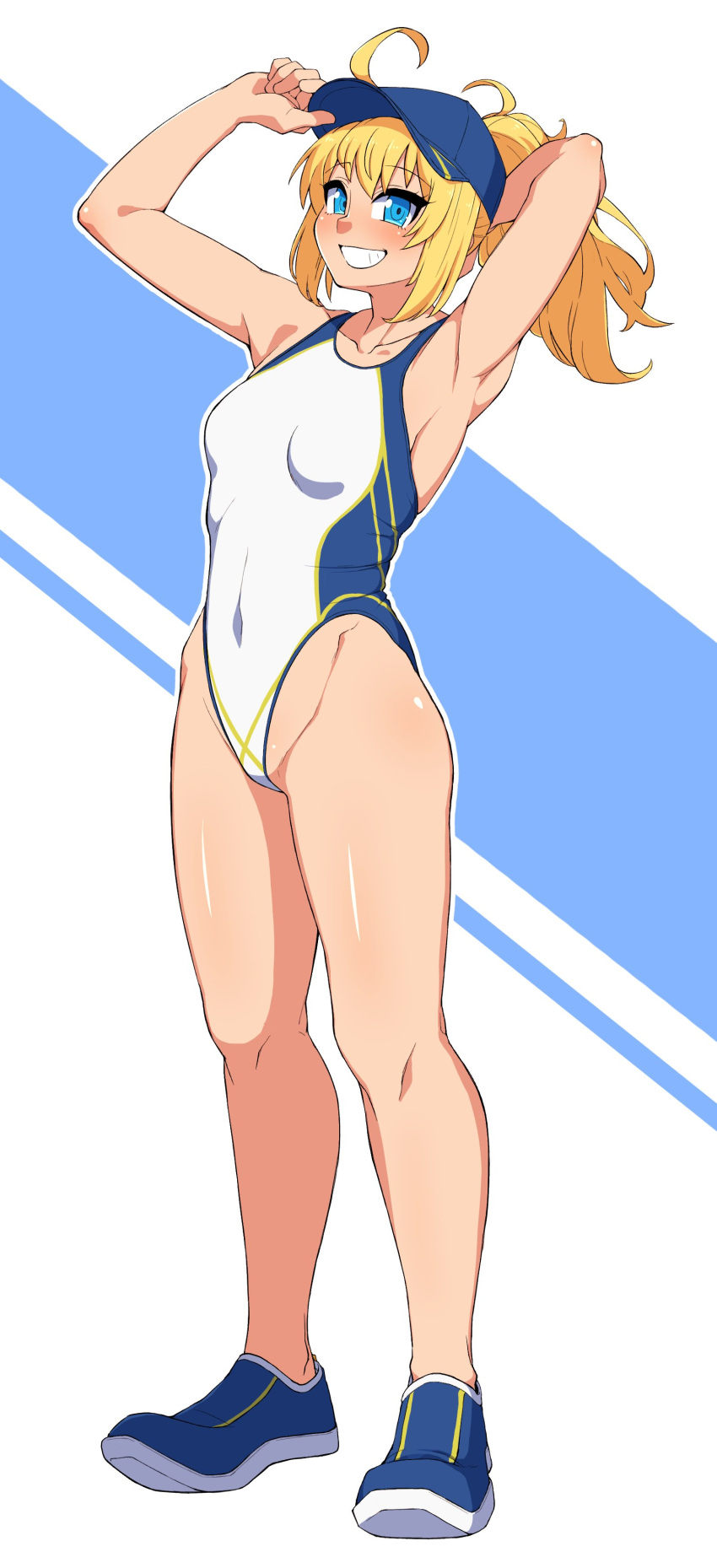 absurdres artoria_pendragon_(fate) baseball_cap blonde_hair blue_eyes blue_footwear blue_hat competition_swimsuit fate/grand_order fate_(series) female full_body good_thighs_day grin hair_through_headwear hat highleg highleg_one-piece_swimsuit highres kurozu_(crozu) long_hair mysterious_heroine_xx_(fate) one-piece_swimsuit ponytail shoes smile sneakers solo swimsuit two-tone_background two-tone_swimsuit white_background white_one-piece_swimsuit