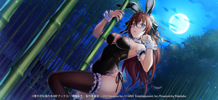 animal_ear_hairband animal_ears arm_garter artist_request bamboo bamboo_forest black_hairband black_leotard black_ribbon black_thighhighs blue_brooch blue_eyes breasts brown_hair collar copyright_notice detached_collar fake_animal_ears female forest frilled_leotard frills full_moon glasses hair_ribbon hairband highres leotard lillia_greyrat long_hair moon mushoku_tensei mushoku_tensei:_game_ni_nattemo_honki_dasu nature official_art rabbit_ear_hairband rabbit_ears ribbon sky solo strapless strapless_leotard thighhighs white_collar white_wrist_cuffs wrist_cuffs