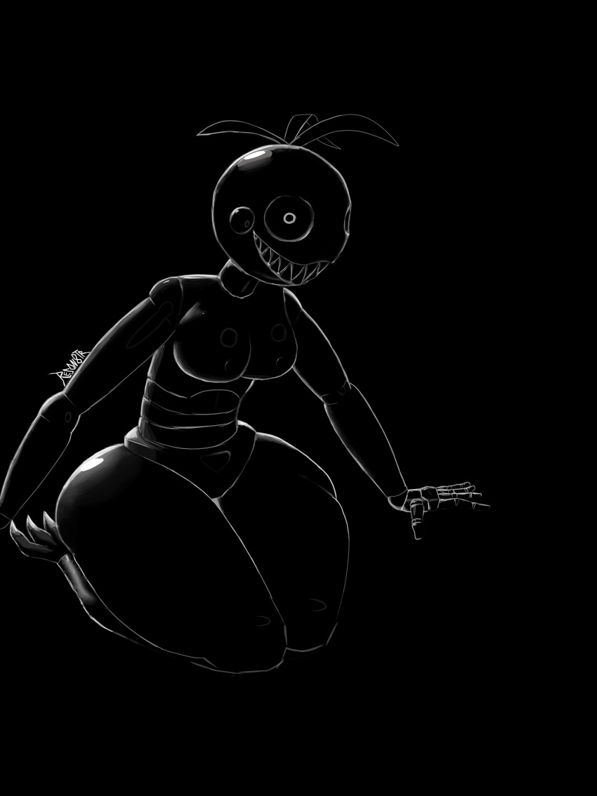 . animatronic beakless black_background darkness female female/female five_nights_at_freddy's five_nights_at_freddy's_2 glistening glistening_body hi_res looking_at_viewer machine rezon8ter robot scottgames simple_background sitting solo thick_thighs toy_chica_(fnaf)