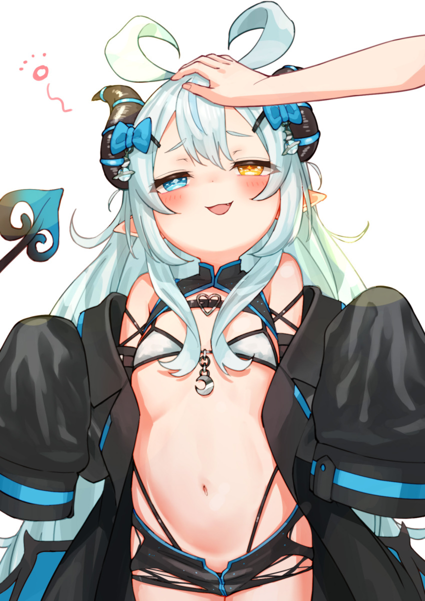 1other :d akugaki_koa black_jacket black_panties black_shorts blue_bow blue_eyes bow commentary_request commission demon_girl demon_horns demon_tail female grey_hair hair_ornament hairbow hairclip half-closed_eyes headpat heterochromia highleg highleg_panties highres horns idol_corp jacket long_hair long_sleeves navel nyama oerba_yun_fang off_shoulder open_clothes open_jacket out_of_frame panties pixiv_commission pointy_ears short_shorts shorts simple_background sleeves_past_fingers sleeves_past_wrists smile solo_focus tail torn_clothes torn_shorts underwear very_long_hair virtual_youtuber white_background yellow_eyes