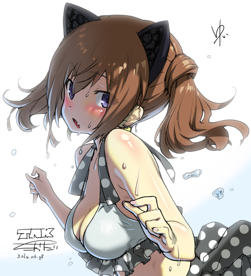 alice_gear_aegis animal_ears bikini blush breasts brown_hair cat_ears cleavage female grey_eyes highres kimikage_yui looking_at_viewer medium_breasts open_mouth sidelighting solo swimsuit takada_kazuhiro twintails upper_body water_drop wet