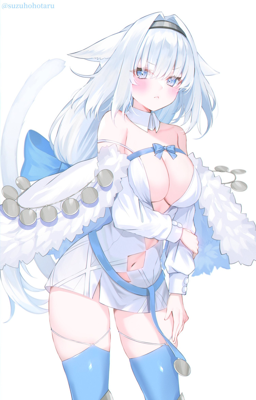 animal_ear_fluff animal_ears argyle_cutout bare_shoulders blue_bow blue_eyes blue_ribbon blue_thighhighs blush bow breasts cat_ears cat_girl cat_tail cleavage clothing_cutout detached_collar detached_sleeves dobrynya_nikitich_(fate) dobrynya_nikitich_(second_ascension)_(fate) dress fate/grand_order fate_(series) female fur_trim hairband hairbow highres large_breasts long_hair looking_at_viewer low_ponytail navel ribbon short_dress solo suzuho_hotaru tail thighhighs thighs white_dress white_hair