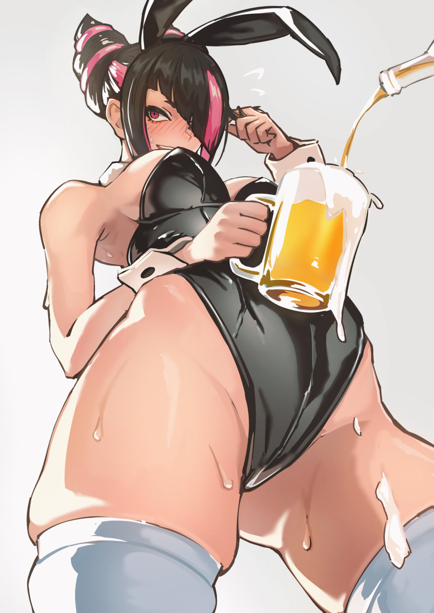 absurdres alcohol ap_cammy beer beer_mug black_hair black_leotard blush cowboy_shot cup female grey_background hair_horns hair_over_one_eye highleg highleg_leotard highres holding holding_cup juri_han leotard mug multicolored_hair pink_hair playboy_bunny red_eyes simple_background skindentation solo strapless strapless_leotard street_fighter thighhighs two-tone_hair white_thighhighs