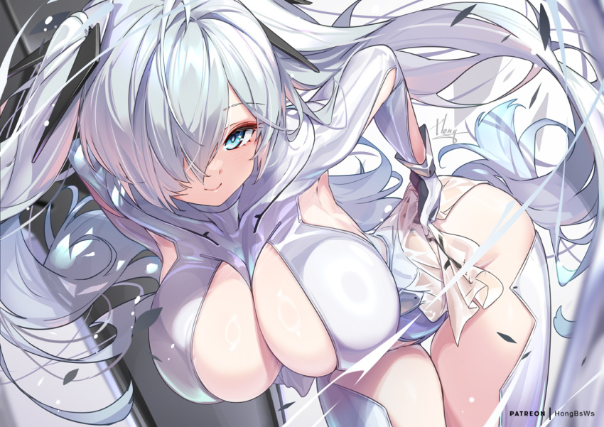 bent_over blue_eyes blush bodysuit breasts cinderella_(nikke) cleavage female gloves goddess_of_victory:_nikke hair_over_one_eye hong_(white_spider) large_breasts long_hair looking_at_viewer one_eye_covered see-through_bodysuit see-through_clothes see-through_skirt shiny_skin skindentation skirt smile solo twintails very_long_hair white_bodysuit white_hair