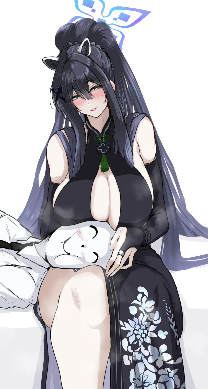 absurdres animal_ear_fluff animal_ears bare_shoulders black_dress black_hair black_necktie blue_archive blush breast_rest breasts breasts_on_head bridal_gauntlets china_dress chinese_clothes cleavage doodle_sensei_(blue_archive) dress female green_eyes halo highres huge_breasts lap_pillow long_hair necktie open_mouth ponytail ruko_(user_zdfp4487) sensei_(blue_archive) shirt shun_(blue_archive) simple_background sitting thighs tiger_ears white_shirt