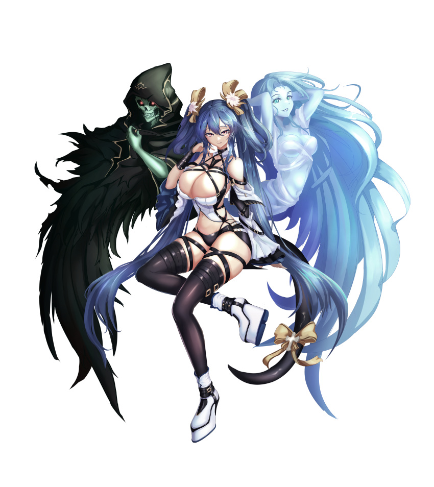 1boy 2girls absurdres asymmetrical_wings bare_shoulders black_panties black_thighhighs blue_hair bow breasts cleavage cosplay dark_blue_hair detached_sleeves dizzy_(guilty_gear) dizzy_(guilty_gear)_(cosplay) full_body green_eyes guilty_gear hair_ribbon hair_rings highres large_breasts long_hair looking_at_viewer monster_girl multiple_girls navel own_hands_together panties ribbon rolingblade showgirl_skirt tail tail_bow tail_ornament tail_ribbon thighhighs twintails underwear very_long_hair white_background white_footwear wings yellow_ribbon