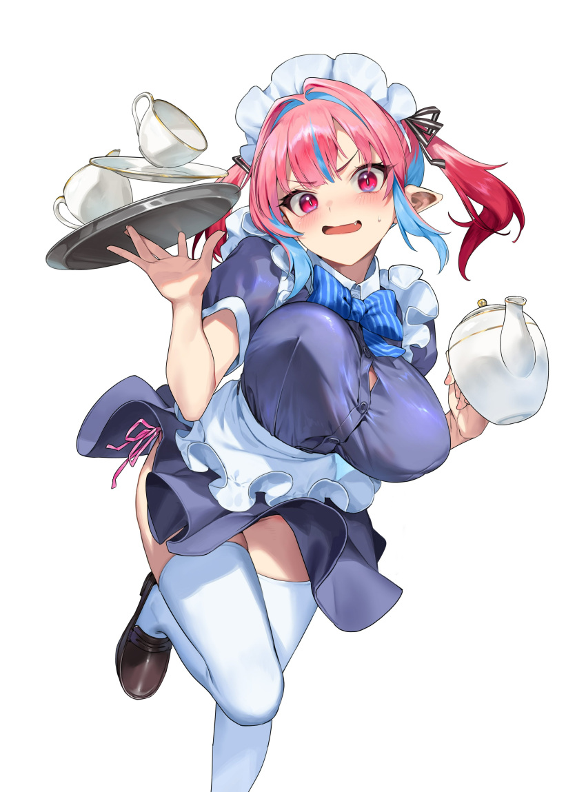 absurdres apron black_ribbon blue_bow blue_bowtie blue_dress blue_hair blush bow bowtie breasts brown_footwear button_gap colored_inner_hair commentary_request cover_image cup demon_girl dress female foot_out_of_frame hair_intakes hair_ribbon highres holding holding_teapot holding_tray huge_breasts kanan-sama_wa_akumade_choroi kanan_(kanan-sama) light_blue_hair looking_at_viewer maid maid_headdress medium_hair multicolored_hair nonco oerba_yun_fang official_art open_mouth panties pink_eyes pink_hair plate pointy_ears ribbon shoes short_sleeves side-tie_panties simple_background slit_pupils solo streaked_hair striped_bow striped_bowtie striped_clothes sweatdrop teacup teapot thighhighs thighs tray two-tone_hair two_side_up underwear waist_apron white_apron white_background white_thighhighs