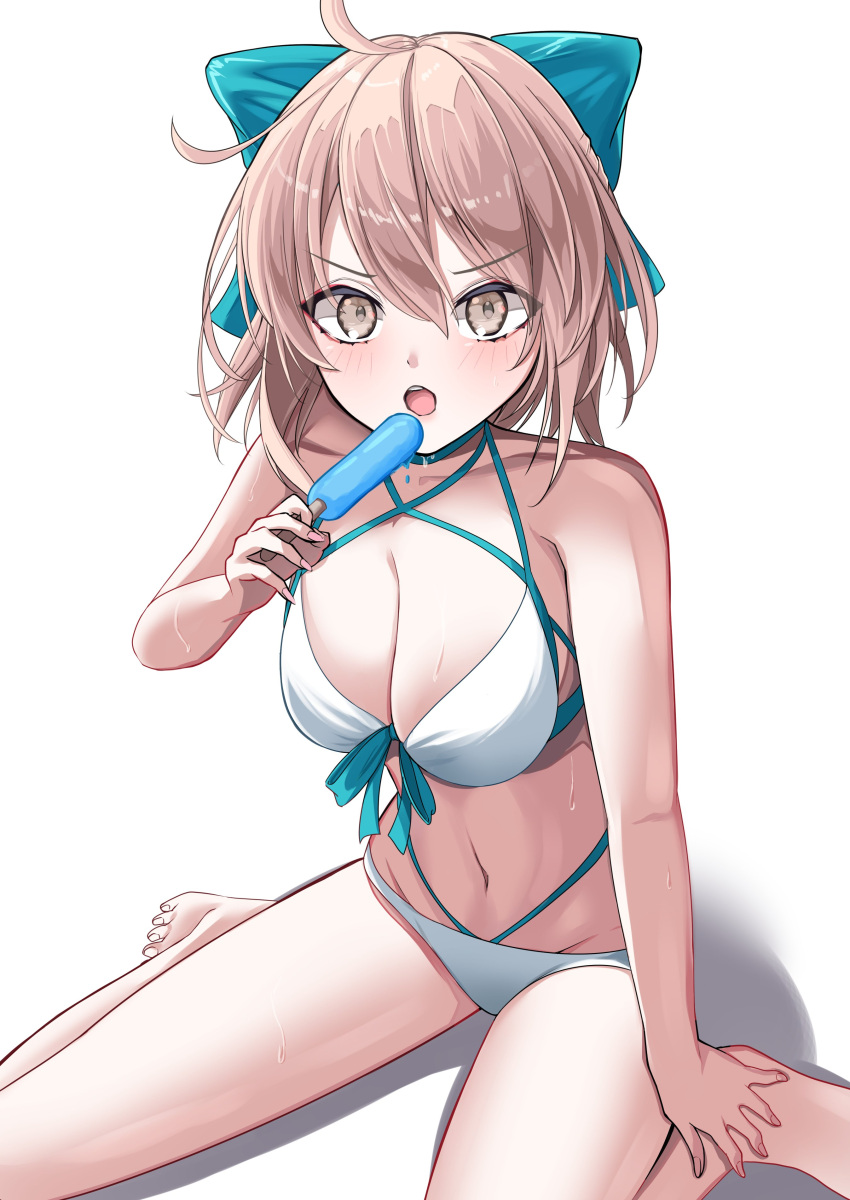 absurdres ahoge aqua_bow bare_shoulders bikini blonde_hair blush bow breasts cleavage collarbone fate/grand_order fate_(series) female food hairbow half_updo highleg highleg_bikini highres large_breasts looking_at_viewer nigori_(keydoor) okita_j._souji_(fate) okita_j._souji_(third_ascension)_(fate) okita_souji_(fate) open_mouth popsicle short_hair solo swimsuit white_bikini yellow_eyes