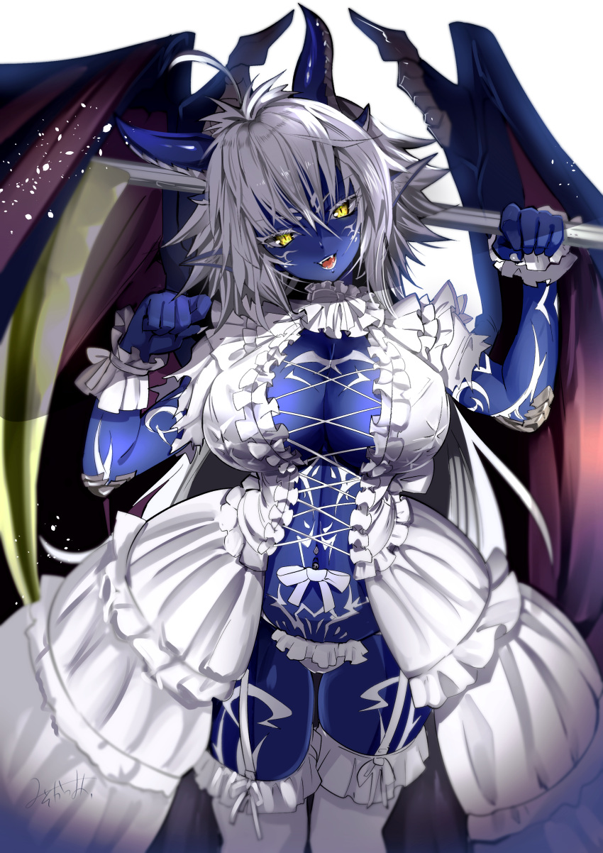 :d absurdres ahoge blue_skin breasts cleavage colored_skin cowboy_shot cross-laced_clothes cross-laced_dress dragon_girl dragon_horns dragon_tail dragon_wings dress fangs female fingernails frilled_dress frills full-body_tattoo garter_straps gate_-_jieitai_ka_no_chi_nite_kaku_tatakaeri giselle_(gate) head_tilt highres holding holding_scythe horns large_breasts long_hair looking_at_viewer mknnkm2 monster_girl navel_piercing navel_ribbon no_bra open_mouth panties piercing pointy_ears ribbon scales scythe sharp_fingernails signature simple_background smile solo tail tattoo thighhighs tongue torn_clothes torn_sleeves underwear v-shaped_eyebrows weapon_behind_back white_background white_dress white_hair white_nails white_panties white_ribbon white_thighhighs white_wrist_cuffs wings wrist_cuffs yellow_eyes