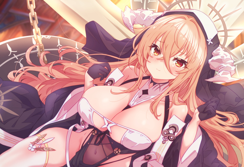 arbiter1 azur_lane bare_shoulders between_breasts black_gloves blonde_hair blush breast_cutout breasts covered_navel detached_sleeves fake_horns female gloves habit hair_between_eyes half_gloves highres horns huge_breasts implacable_(azur_lane) long_hair long_hair_between_eyes long_sleeves looking_at_viewer nun pelvic_curtain revealing_clothes shirt_slip smile solo thighhighs two-tone_dress veil white_horns white_thighhighs wide_sleeves