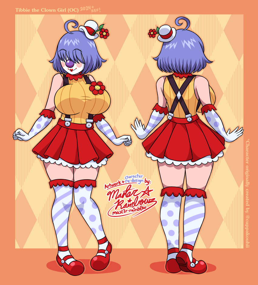 absurdres bare_shoulders breasts clown clown_nose commentary commission elbow_gloves english_commentary facepaint female full_body gloves highres large_breasts mast3r-rainb0w multiple_views original red_footwear short_hair solo striped_clothes striped_gloves