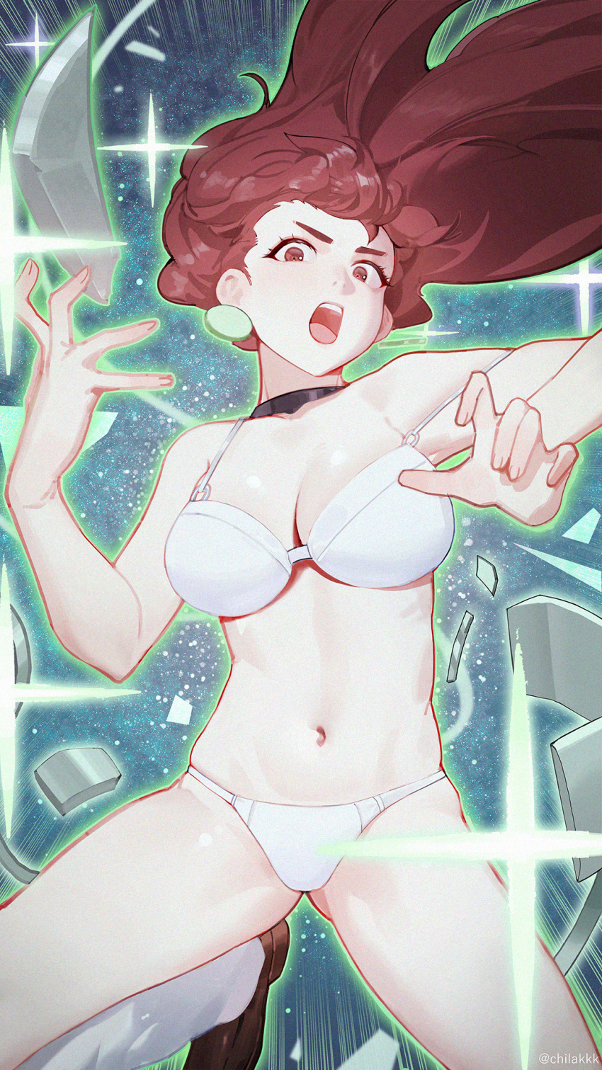 ayase_momo bare_arms bare_shoulders black_choker bra breasts brown_eyes brown_footwear brown_hair chilakkk choker cleavage commentary dandadan earrings female fighting_stance floating_hair foot_out_of_frame glass_shards highres jewelry kneehighs long_hair looking_at_viewer loose_socks medium_breasts navel open_hands open_mouth panties shoes socks solo sparkle stomach underwear white_bra white_panties white_socks