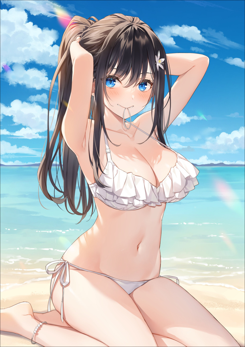 absurdres bare_legs beach bikini black_hair blue_eyes blue_sky blush breasts cleavage cloud collarbone commentary_request female flower frilled_bikini frills fuyutsuki_koharu ga_bunko hair_between_eyes hair_flower hair_ornament hair_tie_in_mouth highres horizon large_breasts lens_flare long_hair looking_at_viewer mmu mountainous_horizon mouth_hold navel ocean outdoors ponytail second-party_source side-tie_bikini_bottom sitting sky solo stomach swimsuit tying_hair wariza white_bikini