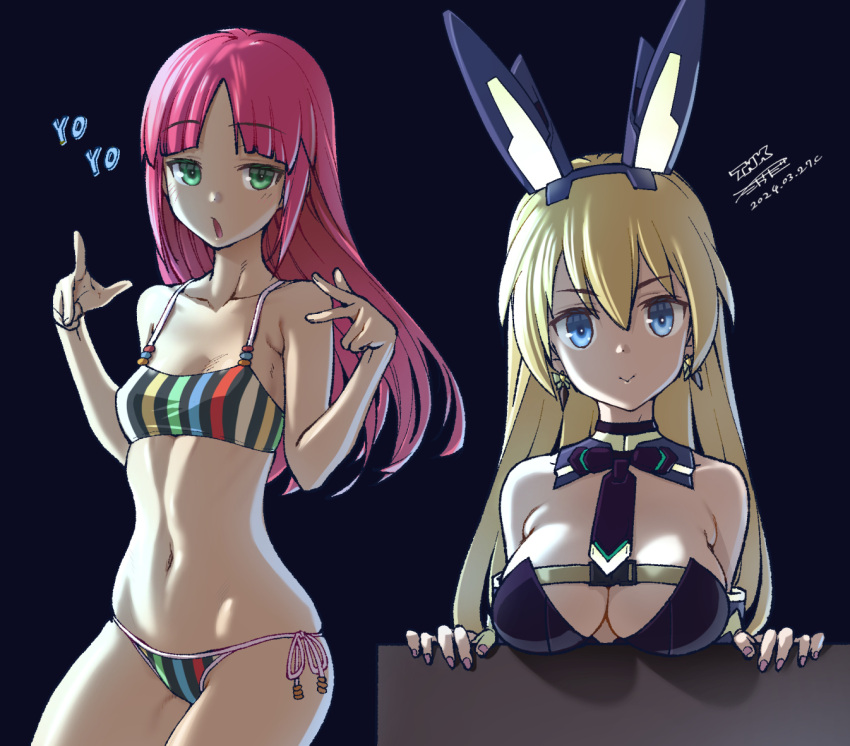 2girls alice_gear_aegis animal_ears bikini blonde_hair blue_eyes breasts cleavage detached_collar earrings fake_animal_ears fujino_yayoi green_eyes jewelry long_hair looking_at_viewer medium_breasts multiple_girls navel open_mouth pink_hair playboy_bunny rabbit_ears side-tie_bikini_bottom small_breasts smile swimsuit takada_kazuhiro virginia_glynnberets