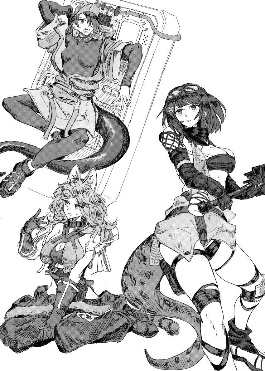 3girls absurdres animal_ears arknights blunt_bangs breasts character_request eunectes_(arknights) eyewear_on_head gloves highres holding jacket multiple_girls off_shoulder open_clothes open_jacket purokion_katou snake_tail tail thigh_strap wavy_hair