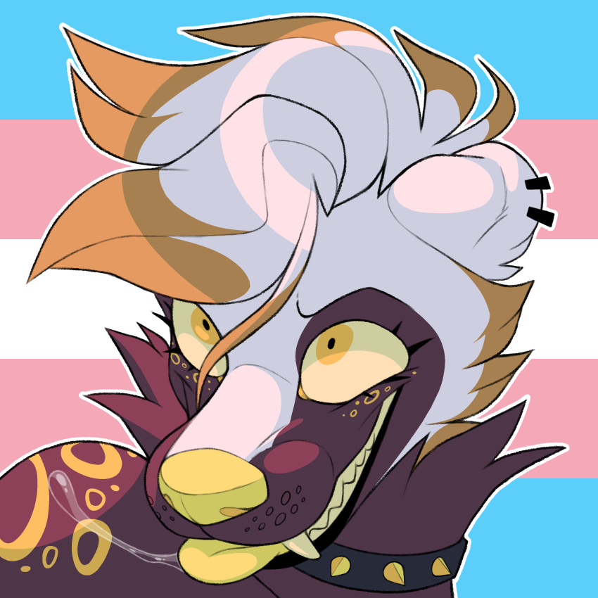 absurd_res alternative_fashion anthro choker collar female fetishame hi_res jewelry leopard_spots lgbt_pride mammal marigold mephitid mohawk neck_tuft necklace pride_colors punk skunk solo spiked_collar spikes spots tongue tongue_out transgender_pride_colors tuft