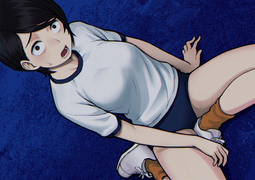 black_eyes black_hair blue_buruma buruma constricted_pupils dutch_angle female gym_uniform hair_behind_ear highres imizu_futoshi open_mouth orange_socks original scared shirt shoes short_hair short_sleeves sitting sneakers socks solo sweatdrop thighs white_footwear white_shirt yokozuwari