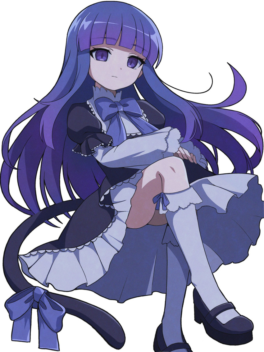 black_footwear blue_eyes blue_hair blunt_bangs cat_tail closed_mouth crossed_legs expressionless female frederica_bernkastel hat highres lolita_fashion looking_at_viewer niyane sidelocks socks solo tail umineko_no_naku_koro_ni white_socks wide_sleeves witch_hat