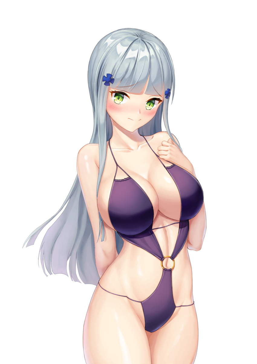 arm_behind_back blush breasts female girls'_frontline green_eyes grey_hair hand_on_own_chest highres hk416_(girls'_frontline) large_breasts long_hair looking_at_viewer navel o-ring o-ring_swimsuit one-piece_swimsuit purple_one-piece_swimsuit shy solo stomach swimsuit white_background yukiyaki