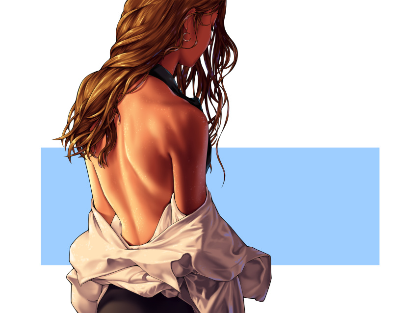 a.x. absurdres back bare_back bare_shoulders blue_background border brown_hair clothes_pull commentary_request earrings female from_behind hair_between_eyes halterneck highres indoors jewelry long_hair looking_down off_shoulder original shirt shirt_pull solo standing wavy_hair white_border white_shirt