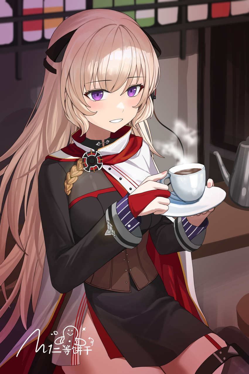 absurdres black_dress blonde_hair breasts brown_corset corset cowboy_shot cup dress female g3_(girls'_frontline) girls'_frontline headgear highres holding holding_cup holding_plate indoors long_hair long_sleeves plate purple_eyes simobulanka smile solo steam