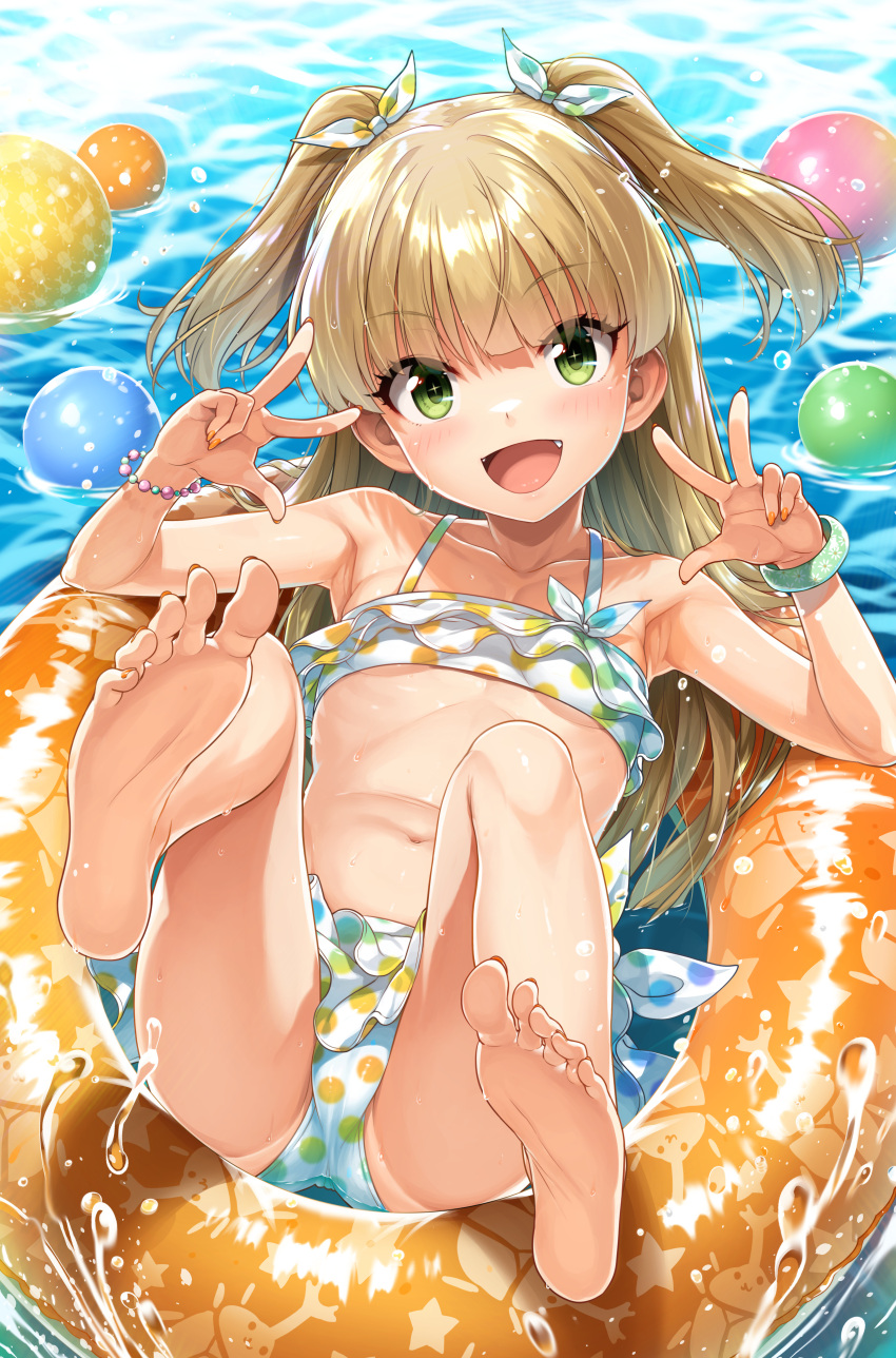 absurdres afloat armpits bare_legs bare_shoulders barefoot bikini blonde_hair blush breasts day double_v feet female frilled_bikini frills from_above green_eyes hair_ribbon highres idolmaster idolmaster_cinderella_girls innertube jougasaki_rika long_hair looking_at_viewer navel oerba_yun_fang on_innertube open_mouth outdoors polka_dot polka_dot_bikini ribbon shirane_taito side-tie_bikini_bottom small_breasts smile soles solo swim_ring swimsuit toes two_side_up v water white_bikini