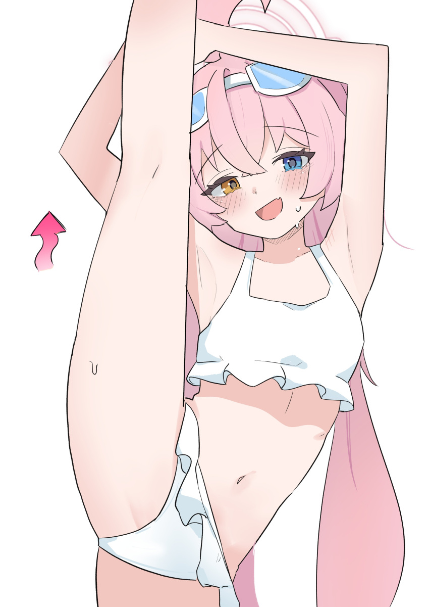 :d absurdres ahoge armpits arms_up arrow_(symbol) bare_arms bare_legs bare_shoulders bikini bikini_skirt blue_archive blue_eyes blush breasts collarbone commentary cowboy_shot crossed_bangs eyewear_on_head female flexible frilled_bikini frills hair_between_eyes halo heterochromia high_(hgih) highres hoshino_(blue_archive) hoshino_(swimsuit)_(blue_archive) leg_up long_hair looking_at_viewer navel oerba_yun_fang official_alternate_costume official_alternate_hairstyle orange_eyes pink_hair pink_halo raised_eyebrows simple_background skin_fang small_breasts smile solo split standing standing_on_one_leg standing_split stomach straight-on sunglasses sweat swimsuit twintails very_long_hair white_background white_bikini