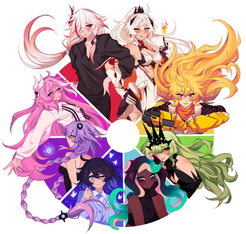 6+girls aqua_hair black_dress black_hair black_leotard black_shirt black_tiara blonde_hair blue_eyes blue_hair blue_shirt breasts choujigen_game_neptune cleavage color_wheel_challenge dark-skinned_female dark_skin dress elysia_(herrscher_of_human:_ego)_(honkai_impact) elysia_(honkai_impact) english_commentary fire fu_hua fu_hua_(phoenix) green_hair highres honkai_(series) honkai_impact_3rd jacket kiana_kaslana kiana_kaslana_(herrscher_of_flamescion) leotard long_braid long_hair marina_(splatoon) medium_breasts minxinq mobius_(honkai_impact) multicolored_hair multiple_drawing_challenge multiple_girls neptune_(series) octoling official_alternate_costume one_eye_closed pink_hair purple_hair purple_heart_(neptunia) red_hair rwby seele_vollerei seele_vollerei_(herrscher_of_rebirth) shirt splatoon_(series) tiara two-tone_hair white_background white_hair white_shirt yang_xiao_long yellow_jacket