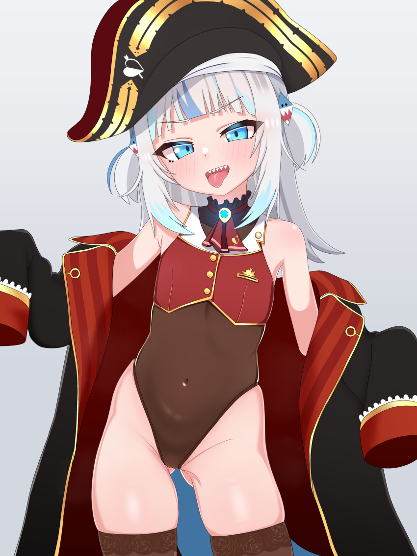 absurdres ascot ass_visible_through_thighs bare_shoulders bicorne blue_eyes blue_hair blush breasts brown_leotard cleavage cosplay covered_navel cropped_jacket female gawr_gura hat highres hololive hololive_english houshou_marine houshou_marine_(1st_costume) houshou_marine_(cosplay) jacket leotard leotard_under_clothes long_hair long_sleeves looking_at_viewer mingkozus multicolored_hair open_mouth pirate pirate_hat red_ascot red_jacket see-through_cleavage see-through_clothes sharp_teeth simple_background sleeves_past_wrists small_breasts smile solo streaked_hair teeth tongue tongue_out virtual_youtuber white_background