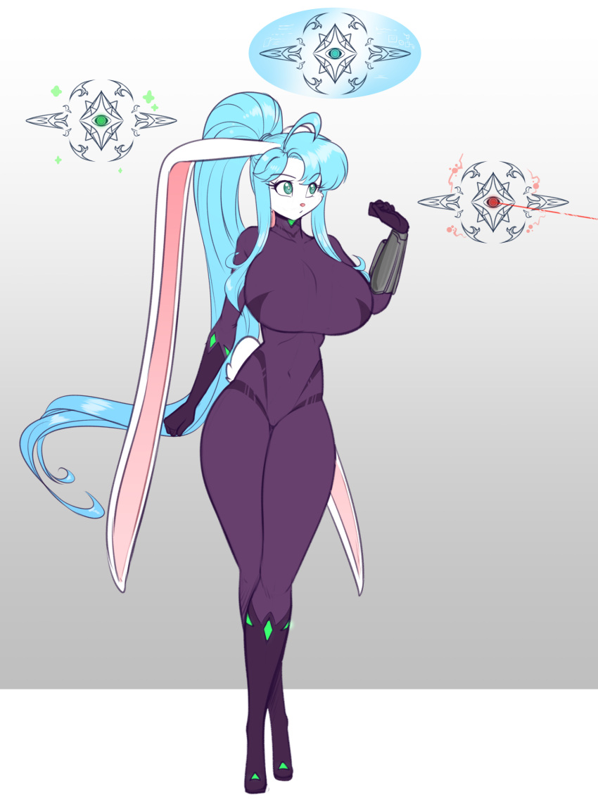 2024 absurd_res anthro big_breasts blue_hair bodysuit breasts clothing drone eyebrows eyelashes female fur green_eyes hair hi_res huge_breasts lagomorph leporid long_ears long_hair mammal ponytail rabbit scorpdk skinsuit solo thick_thighs tight_clothing white_body white_fur