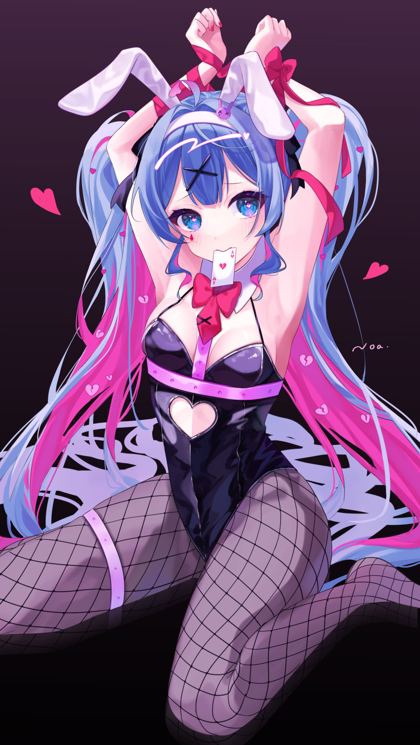 absurdres ace_(playing_card) ace_of_hearts animal_ears armpits arms_up bondage bondage bound bound_wrists breasts broken_heart card card_in_mouth chest_belt cleavage clothing_cutout colored_inner_hair detached_collar facial_mark fishnet_pantyhose fishnets hair_ornament hatsune_miku heart heart_cutout heart_in_eye highres legwear_garter long_hair miteinano_(mitei_nano28) mouth_hold multicolored_hair pantyhose playboy_bunny playing_card rabbit_ears rabbit_hole_(vocaloid) ribbon single_legwear_garter sitting symbol_in_eye twintails very_long_hair vocaloid wariza x_hair_ornament