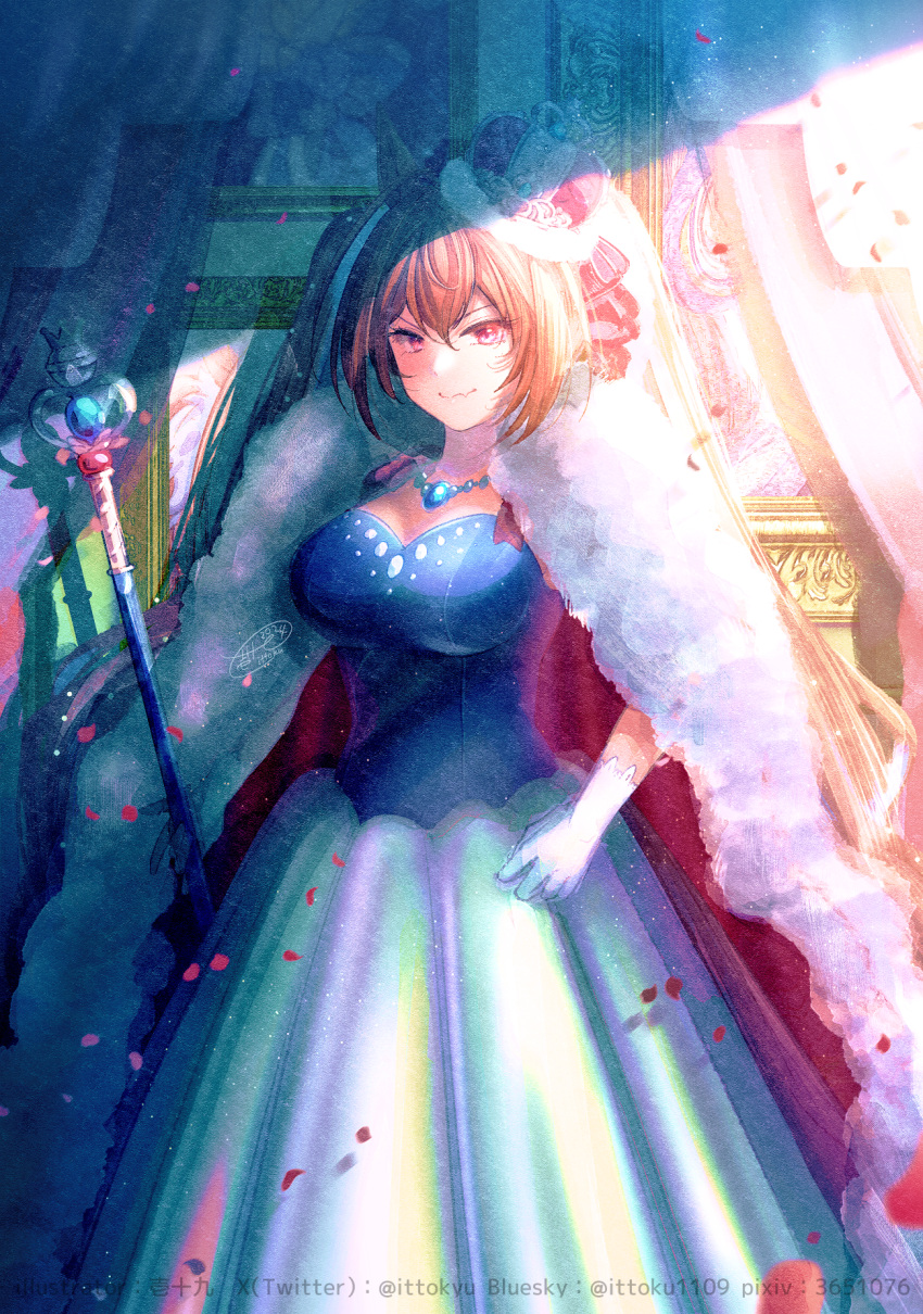 blue_shirt bluesky_username breasts brown_hair cloak closed_mouth commentary_request crown curtains daiwa_scarlet_(umamusume) fang_out female fur-trimmed_cloak fur_trim hair_between_eyes highres indoors ittokyu jewelry large_breasts looking_at_viewer mini_crown necklace oerba_yun_fang petals pixiv_id pleated_skirt red_cloak red_eyes shirt signature skirt smile solo tilted_headwear twitter_username umamusume v-shaped_eyebrows white_skirt