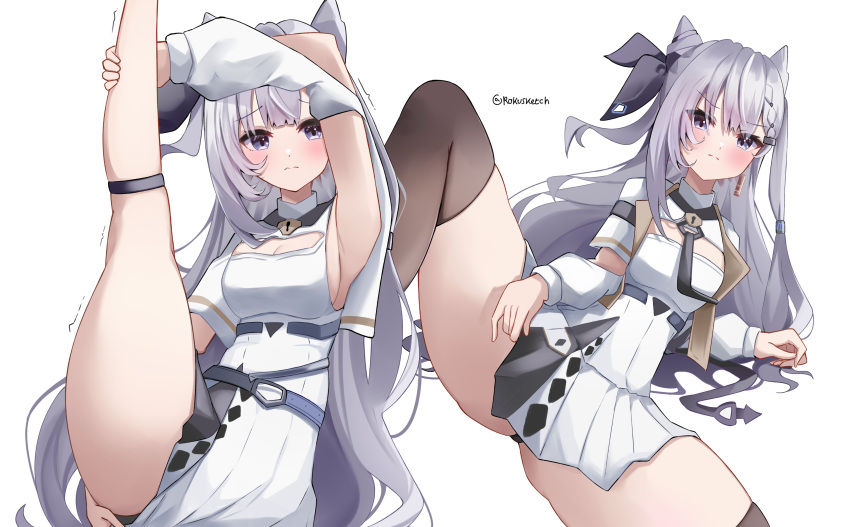 absurdres blue_eyes breasts cone_hair_bun female grey_hair hair_bun highres hololive hololive_indonesia long_hair looking_at_viewer rokusketch smile solo split spread_legs standing standing_on_one_leg standing_split thighs vestia_zeta virtual_youtuber