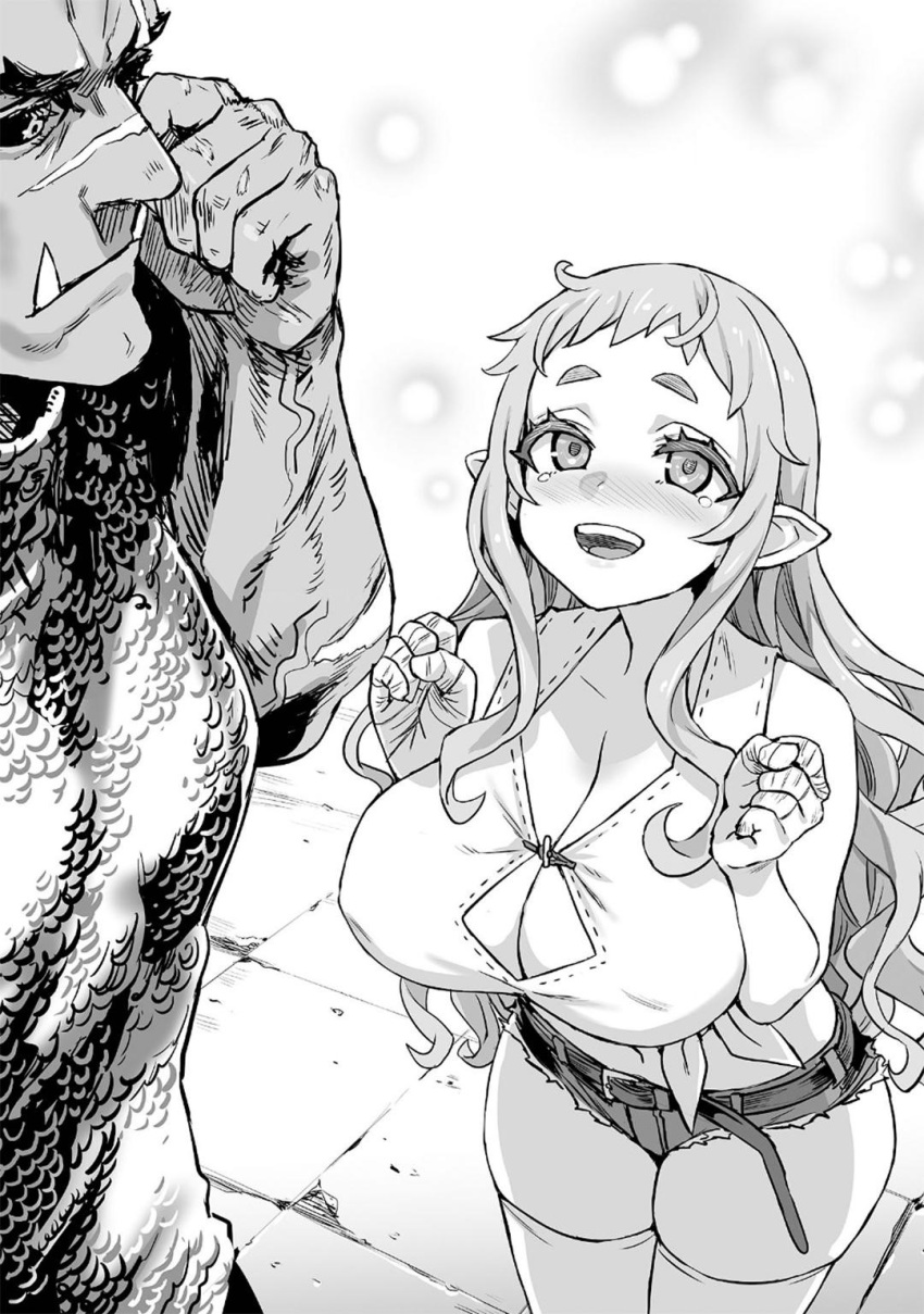 1boy armor asanagi bandaged_fingers bandages bash_(orc_eiyuu_monogatari) black_sclera blush breasts breasts_squeezed_together chainmail cleavage colored_sclera dwarf female greyscale highres long_hair monochrome non-web_source novel_illustration official_art orc orc_eiyuu_monogatari pointy_ears primera_(orc_eiyuu_monogatari) scar scar_on_face scar_on_nose short_shorts shorts straight teeth thighhighs tusks upper_teeth_only