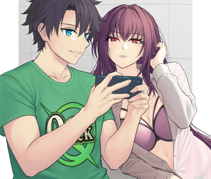 1boy black_hair blue_eyes breasts cellphone dynamitenatalia fate/grand_order fate_(series) female fujimaru_ritsuka_(male) highres large_breasts long_hair phone purple_hair red_eyes scathach_(fate) short_hair smile