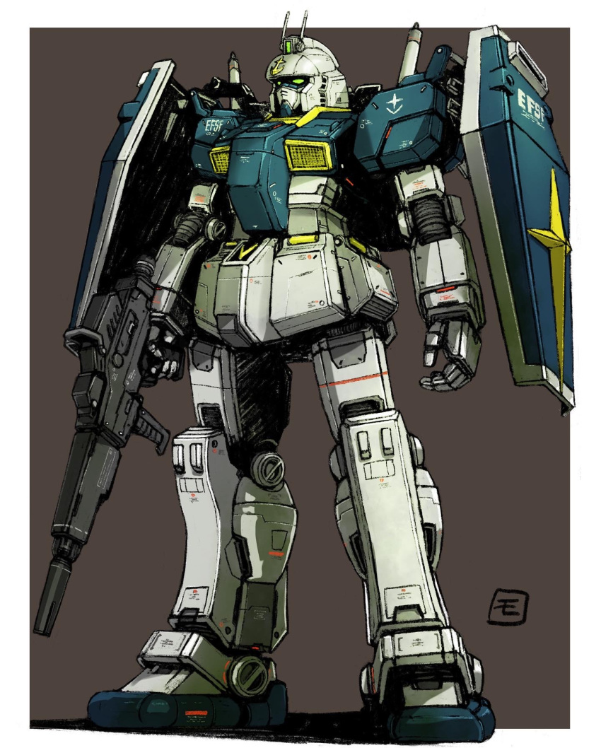 beam_rifle energy_gun green_eyes ground_gundam_type_s gun gundam gundam_thunderbolt highres holding holding_gun holding_weapon looking_ahead mecha mobile_suit moyan no_humans open_hand procreate_(medium) robot science_fiction shield solo standing weapon