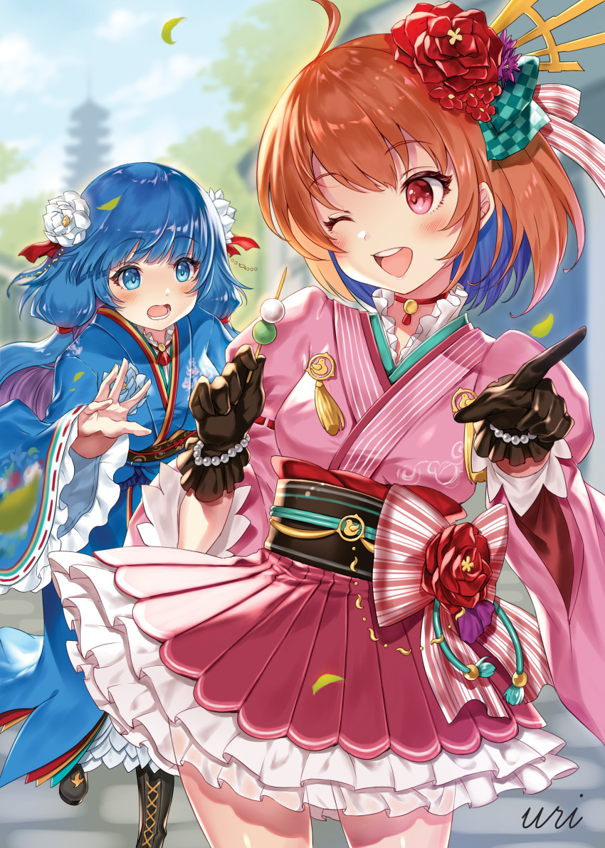 2girls absurdres ahoge black_gloves blue_eyes blue_hair blurry blurry_background blush bow breasts choker dress flower food frilled_skirt frills gloves green_bow hair_flower hair_ornament highres holding holding_behind_back holding_food japanese_clothes kimono long_hair long_sleeves looking_at_another multiple_girls one_eye_closed open_mouth orange_hair pointing red_bow red_choker red_eyes red_flower red_ribbon ribbon setsuna_(shironeko_project) shironeko_project short_hair skirt small_breasts tatejima_uri teeth towa_(shironeko_project) upper_teeth_only white_flower wide_sleeves