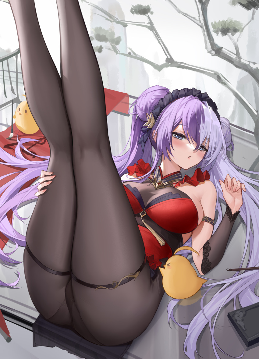 absurdres arm_strap ass azur_lane black_pantyhose blue_eyes bodystocking breasts chamuhz double_bun female hair_bun highres leg_lift legs_up long_hair long_legs lying manjuu_(azur_lane) medium_breasts multicolored_hair official_alternate_costume pantyhose purple_hair red_shirt shirt split-color_hair thigh_strap thighs two-tone_hair very_long_hair white_hair ying_swei_(azur_lane) ying_swei_(frolicking_flowers_verse_i)_(azur_lane)